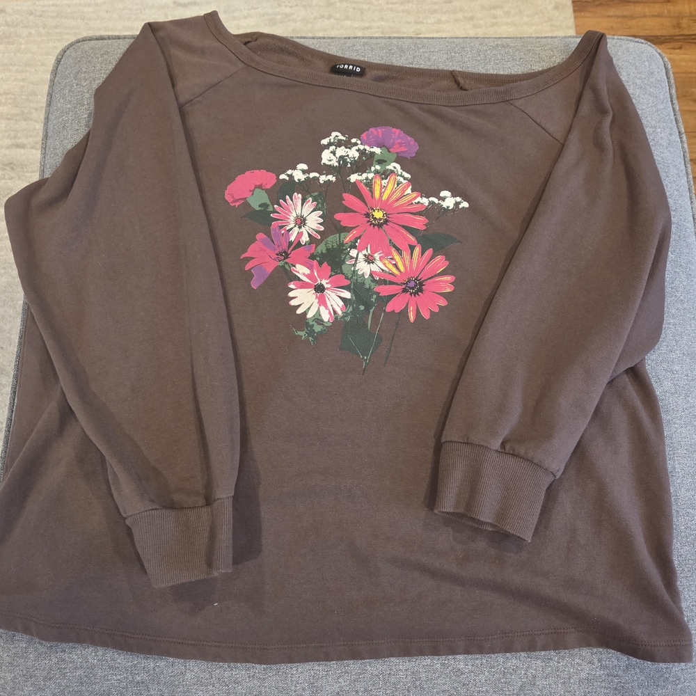 Torrid Brown Off-the-Shoulder Sweater with Floral Design